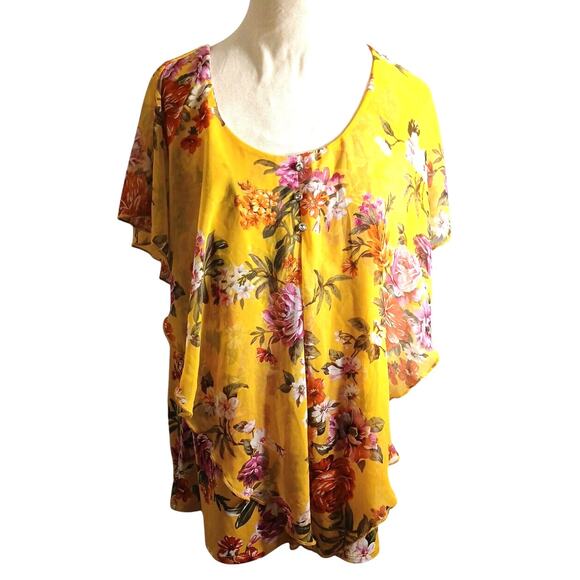 Exotic Tropical Tunic Blouse Sz L Yellow Rhinestones Floral Kimono Flowy Cottage - Picture 14 of 14